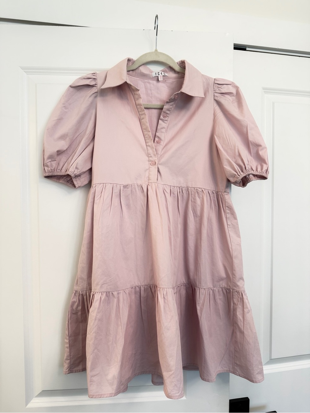 TCEC Blush Pink Puff Sleeve Tiered Cotton Mini Dress Size S
